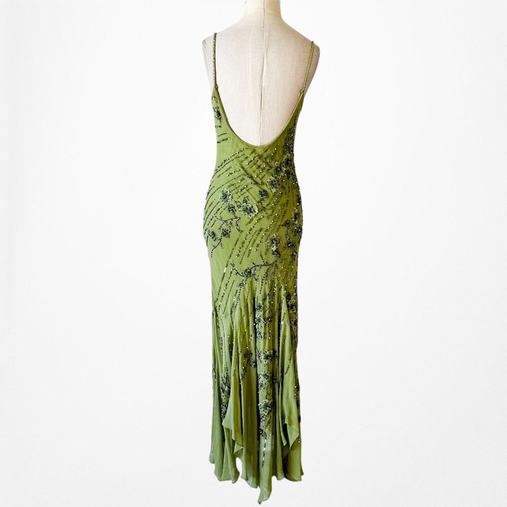 Vintage Y2K Olive Green Floral Beaded Bodycon Prom Shawl Dress Size S - Picture 8 of 17